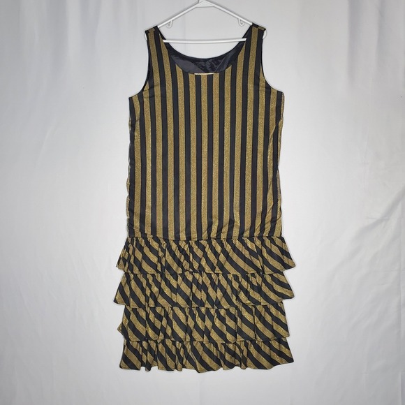 Recollections Dresses & Skirts - Recollections Black Gold Stripe Ruffle Flapper Dress Women's Medium